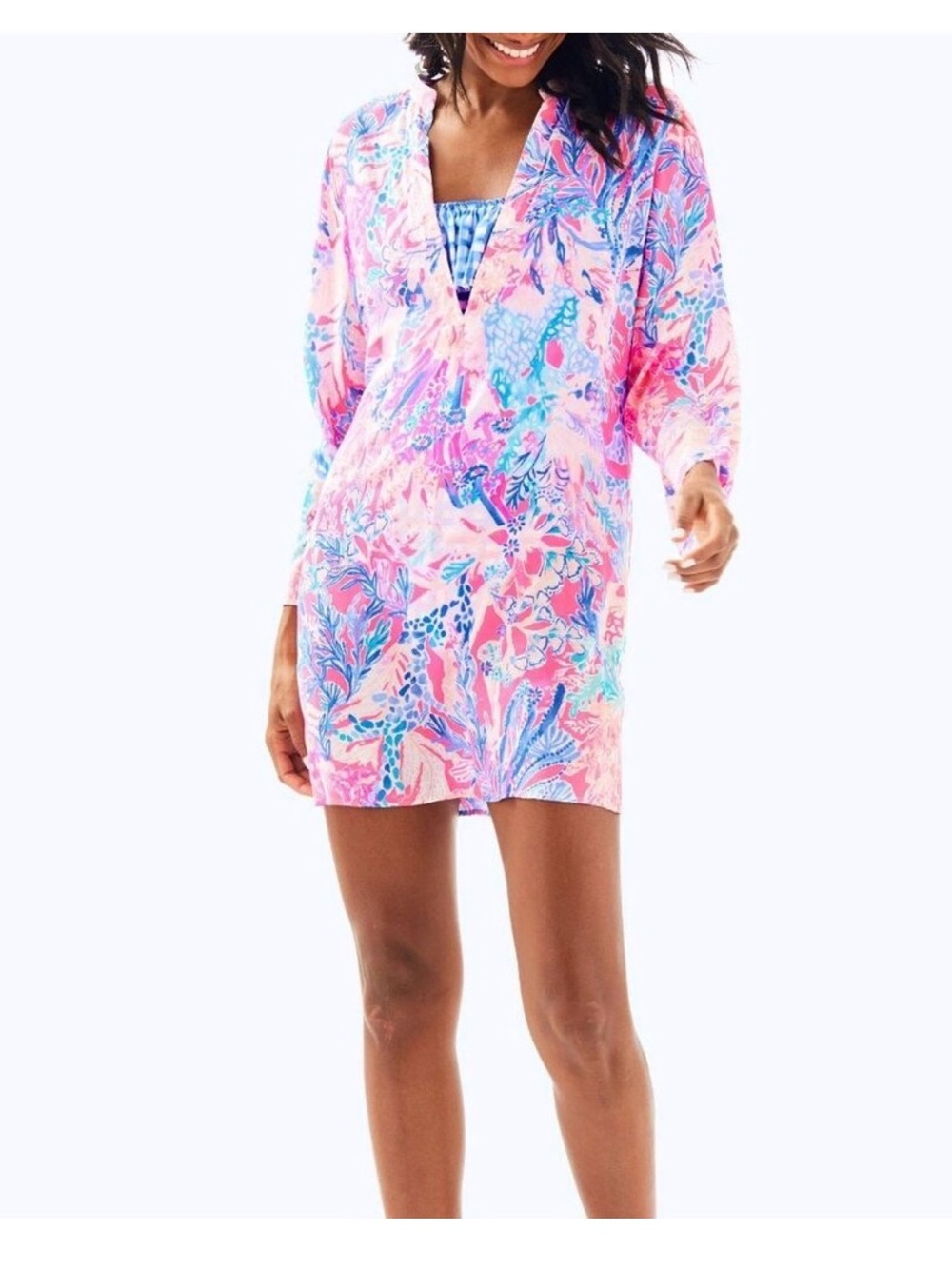 Lilly Pulitzer Esme Floral V-Neck Cover Up Tunic Top Aquadesiac